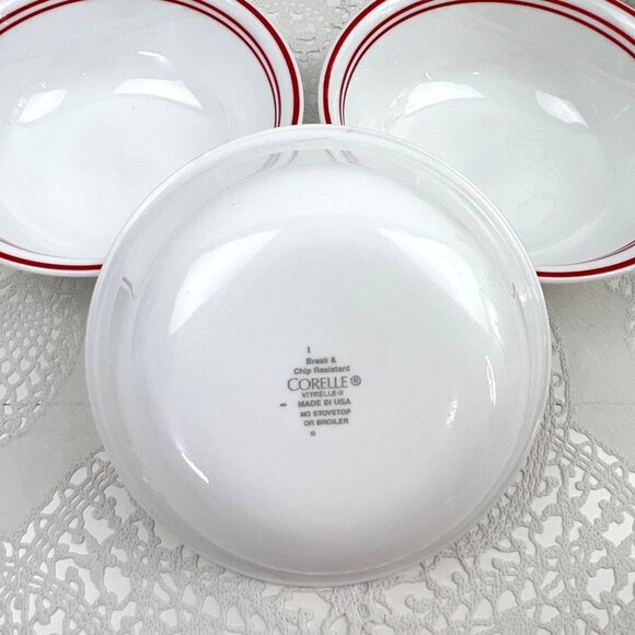 Corelle Vitrelle 3 Classic Cafe Red Coupe Cereal Soup Bowls White Red Band Edge - Picture 9 of 10